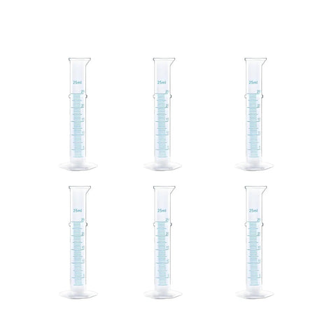 6-pack of 25ml BPA Free Plastic Graduated Cylinders, shatterproof, ideal for science lab experiments and classroom use.