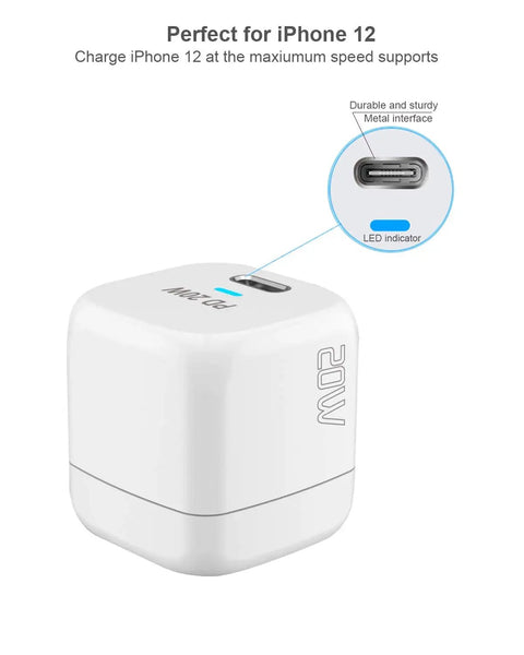 20W white USB-C charger with metal interface and LED indicator for iPhone 12. Go To Universal Travel Adapter Charger Europe To USA Plug Converter