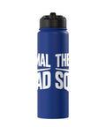 Blue insulated stainless steel water bottle for sailplane pilots and glider fans with black leak-proof lid.