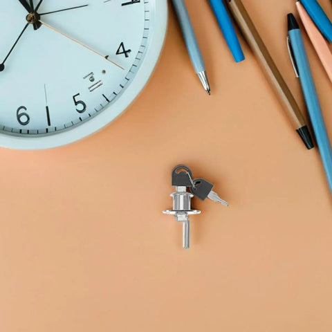 Hidden Desk Drawer Locks With Keys For Office Furniture Sneaky Safe Install showing zinc alloy lock with keys on a desk.