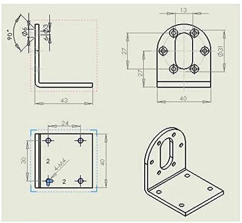 L-shaped iron mounting bracket for 37mm DC gear motors; anti-rust finish; flange with mounting holes and base plate