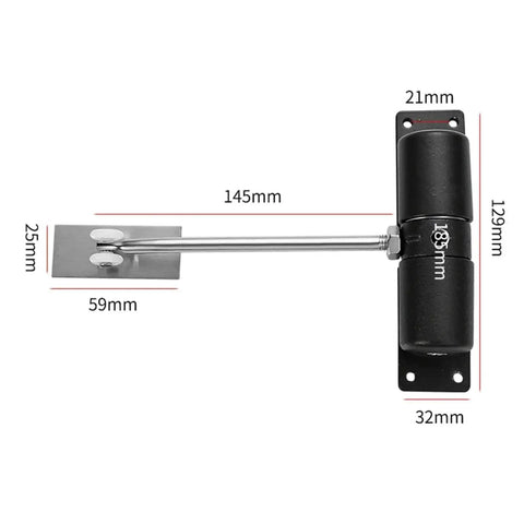 Go-To Metal Spring Closer Aluminum Alloy Rebound Door Stopper For White Doors with dimensions and components visible