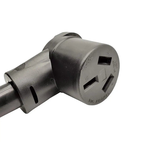Close-up of the plug end of a Heavy Duty 50 Amp 250 Volt 10-50P To 10-50R Electric Range Extension Cord, 6 AWG 3 Conductor STW
