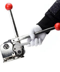 Hand using 3 in 1 Steel Strapping Tool For Five Eighths And Three Quarters Inch Straps Buckle Free Baler Sealless Tensioner