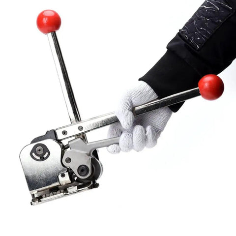 Hand using 3 in 1 Steel Strapping Tool For Five Eighths And Three Quarters Inch Straps Buckle Free Baler Sealless Tensioner