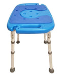 Deluxe Bariatric Shower Bench with 600lb Capacity, blue padded XL seat, non-slip surface and adjustable height shown at angle