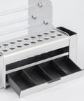 Slick Desktop Tool Organizer Rack With Spacious Drawer For Screwdriver And Hand Tool Storage reveals open drawer and tool storage holes.