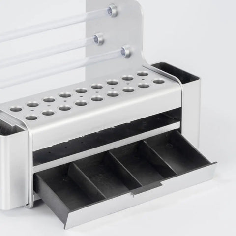 Slick Desktop Tool Organizer Rack With Spacious Drawer For Screwdriver And Hand Tool Storage reveals open drawer and tool storage holes.