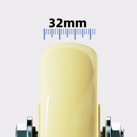 Beefy Heavy Duty Caster Wheels With Dual Brakes And Nylon Swivel Casters close-up, 32mm diameter visible.