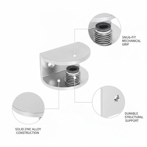 Semi Circular Zinc Alloy Glass Shelf Clamp Mounting Bracket for Bathroom Vanity Wardrobe and Display Cabinets Concealed Hardware