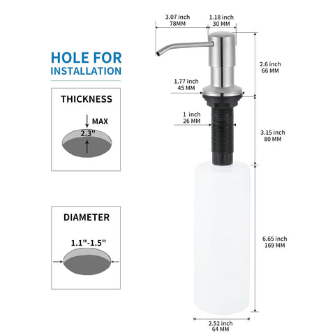Built In Kitchen Soap Dispenser With Brushed Nickel Finish Top Refill Access No Fuss Easy Install Countertop Pump Head 17 Oz Refillable Bottle Dish Soap Or Lotion Dispenser For Sinks Durable Stainless Steel Look dimensions and installation guide