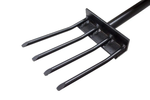 Close-up of forged steel tines on the All Steel Spading Fork Heavy Duty Garden Fork With T Style Handle Built Tough For Digging Soil Turning Compost
