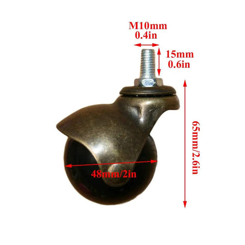 Rock Solid 2 Inch Antique Gold Ball Casters With Threaded Rod Mount shown from side with measurements for size and usage.