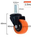 Beefy 1.5 To 2 Inch Polyurethane Swivel Caster with Brake and M8 M10 threaded stem, highlighting dimensions and construction.