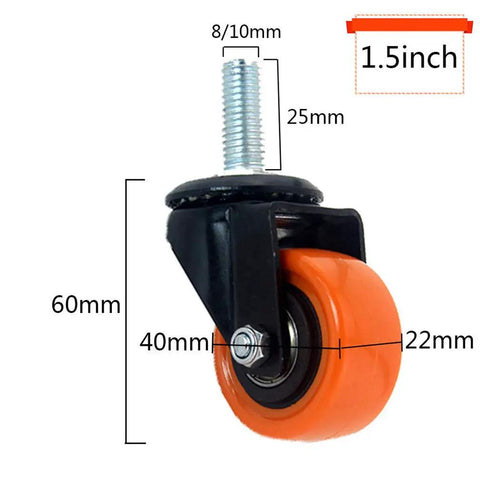 Beefy 1.5 To 2 Inch Polyurethane Swivel Caster with Brake and M8 M10 threaded stem, highlighting dimensions and construction.