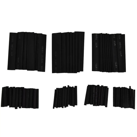 Ultimate Heat Shrink Tubing Assortment Set That Is Awesome For Any DIY Project Including Car Wiring With Insulated Black Heat Sleeves Featuring A 2 To 1 Ratio That Shrinks Tight When You Use Heat For Electrical Protection., assorted black heat shrink tubing pieces in multiple sizes