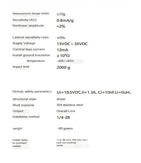 Front view of GBY10 piezoelectric intrinsically safe vibration sensor spec sheet; 304 stainless shell, ±10 g, 15–30 VDC.