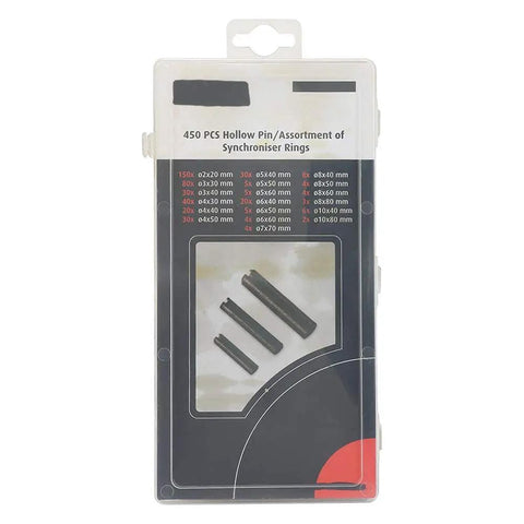 450 Piece Spring Steel Split Dowel Pins And Hollow Roll Pins Assortment Kit Pro Grade in clear packaging with visible pin sizes