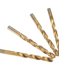 Professional 115 Piece Titanium Coated Drill Bit Set Round Shank displaying four twisted drill bits for wood and metal work.