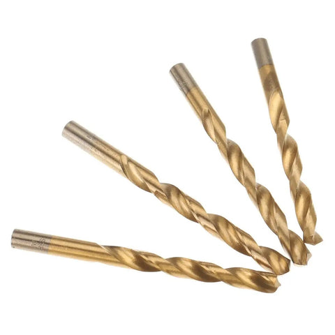 Professional 115 Piece Titanium Coated Drill Bit Set Round Shank displaying four twisted drill bits for wood and metal work.