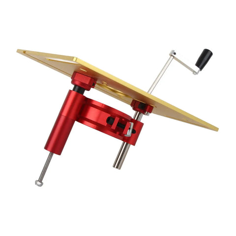Heavy Duty Aluminum Router Lift For Top Shelf Woodworking Tables Featuring Smooth Manual Crank 0 To 47 Mm Height Adjustment and Boss Tier Clamping Base In Clean Gold Finish, showing red clamping mechanism.