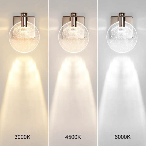 VCDUXMQLK Nordic Luxury Crystal Bedroom Wall Lamps LED Light Source showing three-color options 3000K, 4500K, 6000K brightness.