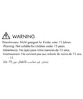 Warning text not suitable for children under 15 years in multiple languages
