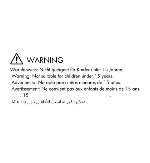 Warning text not suitable for children under 15 years in multiple languages