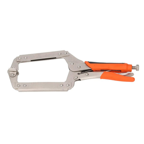 Super Tough Locking C Clamp Pliers Set Inch Duty Woodworking Face Tool With Rotating Pads For Welding And Pocket Hole Joinery Projects That Are 14 Inches Long, showing metal pliers with orange grips.