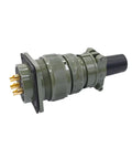 MIL-C circular connector with olive drab body, four gold-plated pins, panel-mount flange, rear cable.