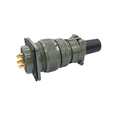 MIL-C circular connector with olive drab body, four gold-plated pins, panel-mount flange, rear cable.
