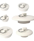 Six Size Rubber Sink Stoppers With Pull Ring Universal Fit Drain Plugs fits various sinks, white rubber with metal pull rings.