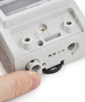 Close-up of Single Phase kWh Meter for Home and Shop Use, 2 or 3 Wire, showing connection ports and part of an LCD display