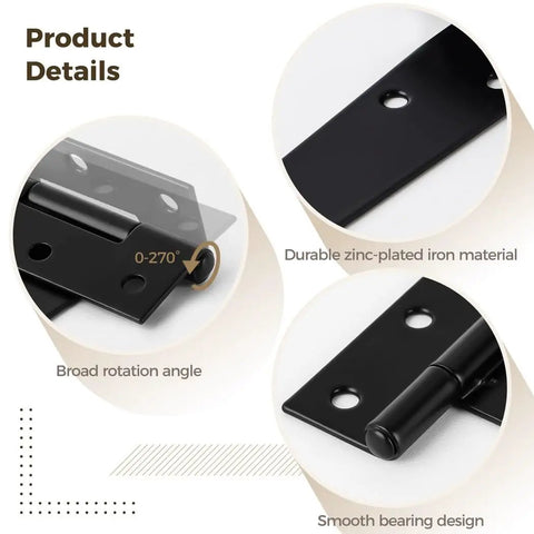 Close-up of durable zinc-plated iron T strap hinge showcasing its broad rotation angle and smooth bearing design. Set Of Six Heavy Duty T Strap Hinges For Barns And Fences Rock Solid Zinc Plated Iron Gate Hardware With Mounting Screws Built Tough For Indoor Outdoor Wood Cabinetry And Sheds.