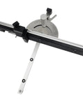 Workhorse Style Adjustable Miter Gauge For Table Saws Featuring Smooth Slide Rails Heavy Duty Aluminum Fence Quick Release Flip Stop and Repeat Cut Block For Dead On Precision Crosscuts view showing sliding miter track and angle adjuster.