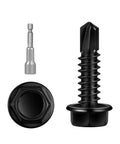 Tough As Nails Black Hex Washer Head Self Drilling Screws 100 Pack Size 12 By One Inch Flanged Stainless Steel Fasteners close-up view of screw and bit