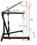 Detailed measurements of Badass 2 Ton Engine Hoist, No Sweat Folding Shop Crane, showcasing hydraulic system and dimensions.