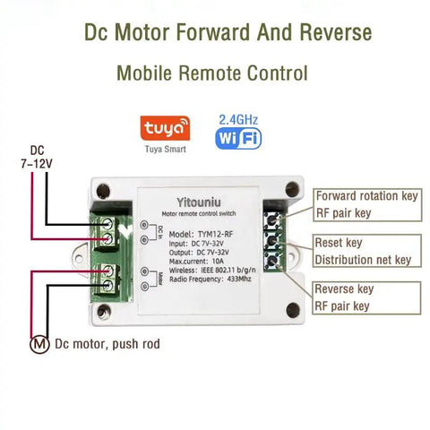 Smart WiFi And Bluetooth DC Motor Controller 10A 7 To 32V Reversible Switch With Timer Voice Control, showing label and connections