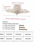 Diagram of Four Pack 102mm Vintage Rose Cabinet Knobs With Backplates Zinc Alloy Flower Drawer Pulls and screw sizes.