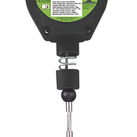 Detailed view of cable and spring mechanism on the self retracting lifeline for fall protection with webbing and snap hook 6 foot length black and green