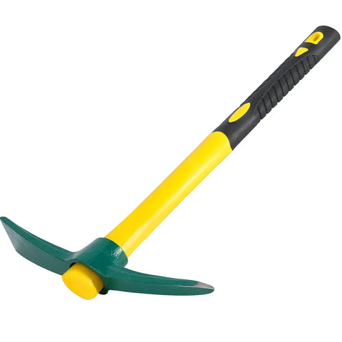 Heavy Duty Garden Pick Mattock Hoe with forged head and 15 inch shock absorbing rubber handle for digging and yard work.