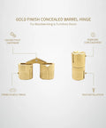 Gold Finish Hidden Barrel Hinge For Woodworking And Cabinets 180 Degree Pivot Inside Mount No Visible Exterior Plate Slick