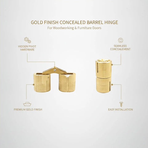 Gold Finish Hidden Barrel Hinge For Woodworking And Cabinets 180 Degree Pivot Inside Mount No Visible Exterior Plate Slick