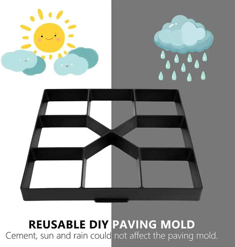 Black DIY Paver Mold For Garden Paths And Patios Reusable Concrete Stone Design Tool, square shape, on a weather-themed background