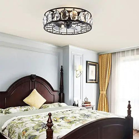 Boss Level Vintage Industrial Fandelier Ceiling Fan With Bright Lighting, 18 Inch Low Profile Flush Mount With Remote, Sturdy Black Metal Build For Living Spaces, Dual Direction Spins And Major Cool Factor in bedroom.