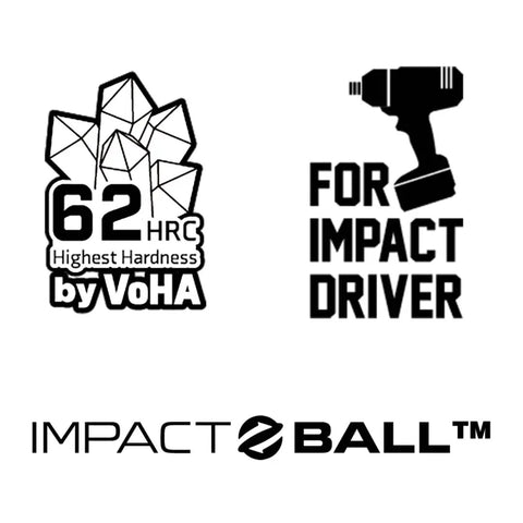 Logos indicating 62 HRC hardness, for impact driver, and Impact Ball branding.
