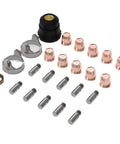 Top Tier 24Pc Plasma Cutter Consumable Kit For Cut-55Ds Pro And Cut-60Ds Pro showing durable metal nozzles and ceramic rings.
