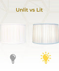 Comparison of unlit and lit Shallow Drum Lamp Shade With English Box Pleat In Crisp White, Modern Silk Look, side by side view.