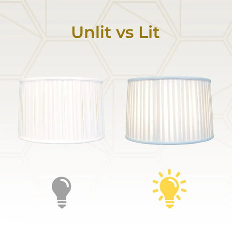 Comparison of unlit and lit Shallow Drum Lamp Shade With English Box Pleat In Crisp White, Modern Silk Look, side by side view.