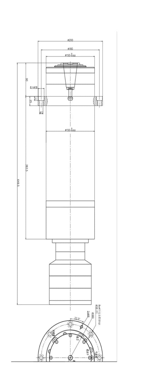 Technical drawing of Water Cooled Tool Changing Spindle For CNC Machines BT40/BT30 380V 20kW 18,000 RPM 150 Mm Diameter